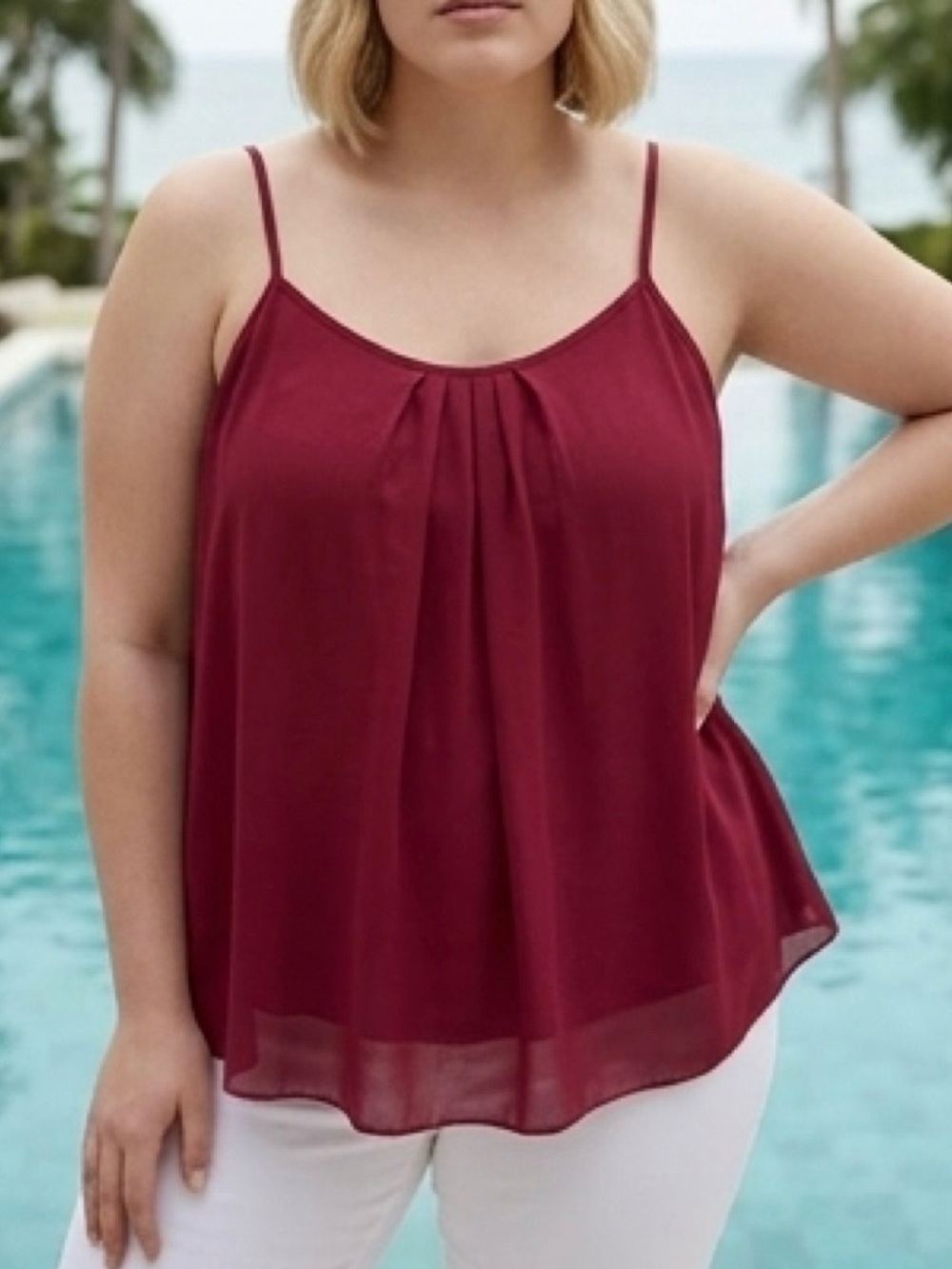 SSOUIM Burgundy Pleated Chiffon Camisole Tank Top 2XL